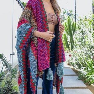 Multicolor Knit Shawl with Tassels